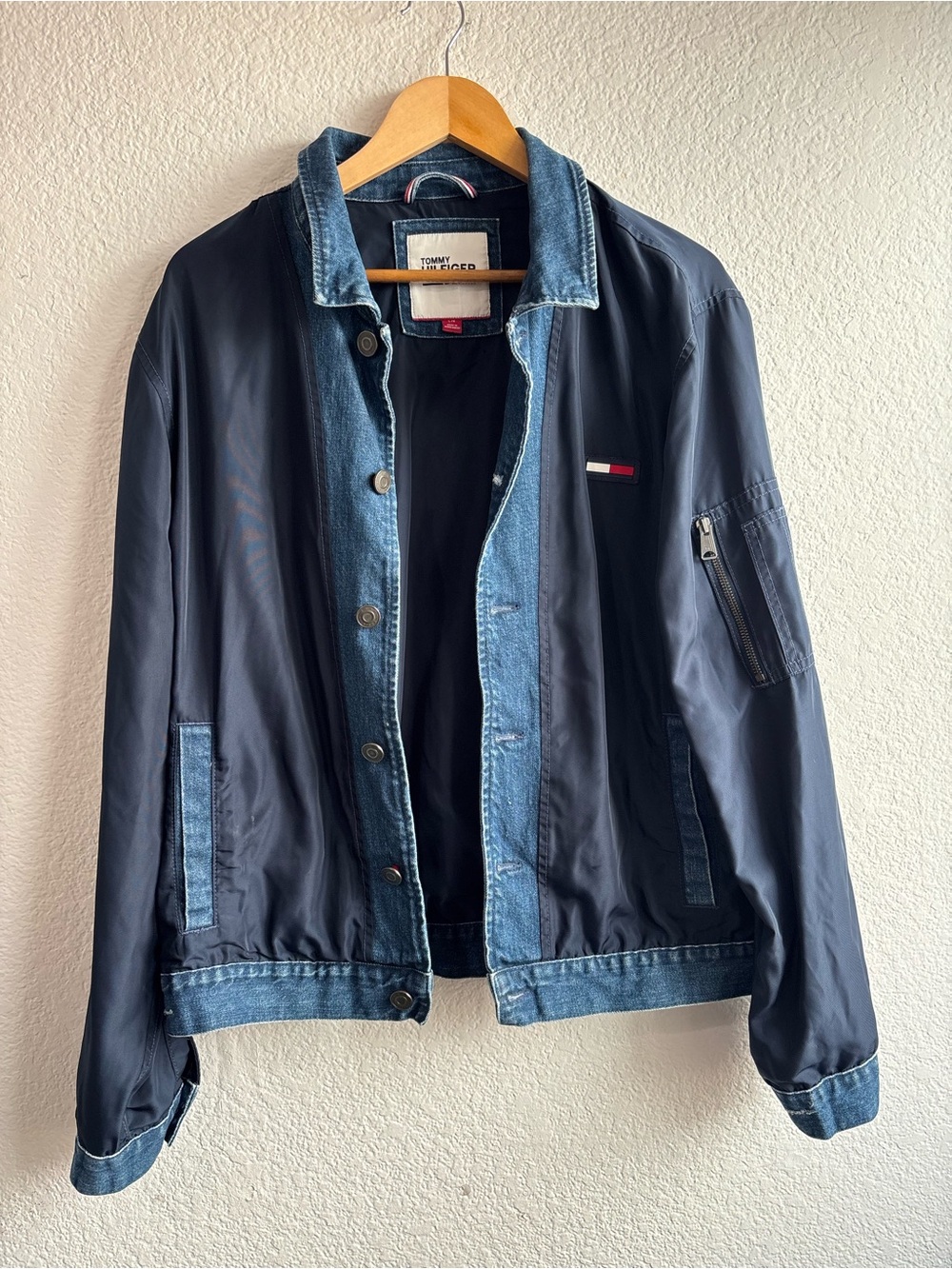 Tommy Hilfiger Navy Bomber Jacket Denim Trim Mens Large Y2K 90s